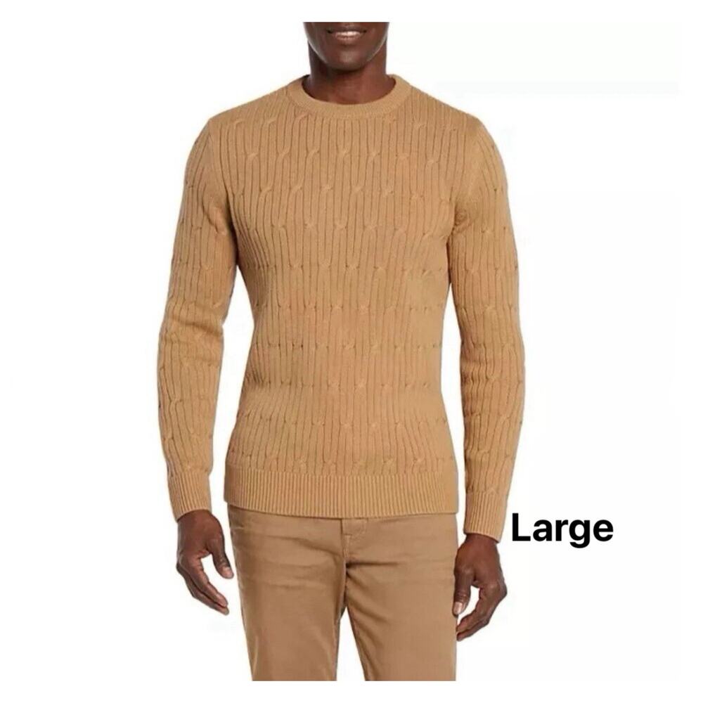 Express Men's Braided Cable Knit Sweater Long Sleeves Crew Neck Pecan Color, L